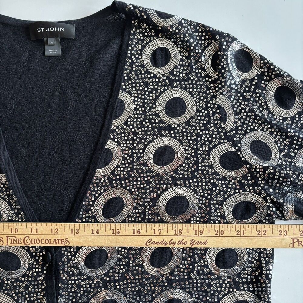 St. John Sequin Cardigan Black Silk Cashmere Merino Wool Sweater Glam XL $482 - Picture 7 of 12